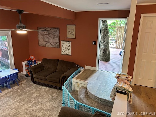 121 Banner St, Camdenton, MO 65020 - living area with ornamental molding, ceiling fan, and wood finished floors