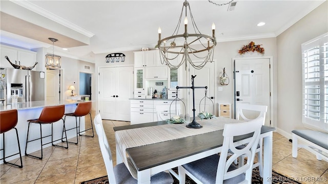 183 Upper Monarch Cove Dr Unit 3D, Lake Ozark, MO 65049 - dining space with a chandelier, light tile patterned floors, crown molding, and recessed lighting