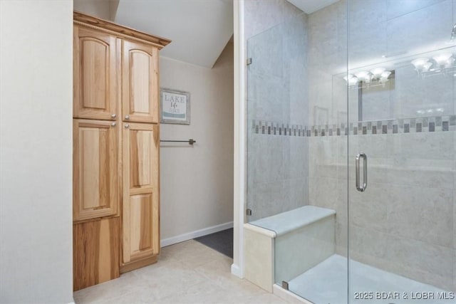 26 Port Bagnell Rd, Eldon, MO 65026 - bathroom with lofted ceiling, a shower stall, and tile patterned flooring