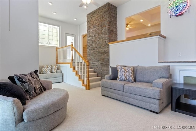 26 Port Bagnell Rd, Eldon, MO 65026 - living room with ceiling fan, carpet floors, stairs, and recessed lighting
