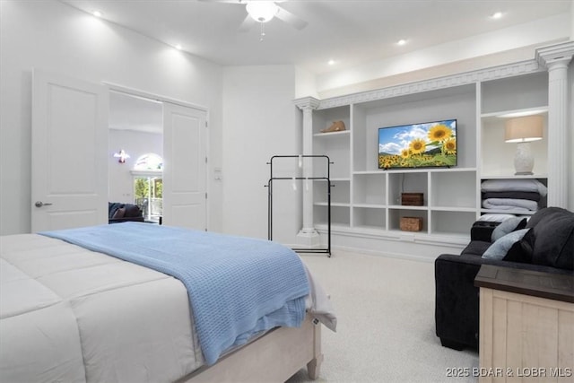 26 Port Bagnell Rd, Eldon, MO 65026 - carpeted bedroom featuring recessed lighting, decorative columns, and a ceiling fan