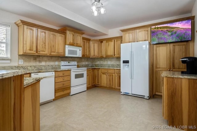 26 Port Bagnell Rd, Eldon, MO 65026 - kitchen featuring white appliances, light stone countertops, and brown cabinets