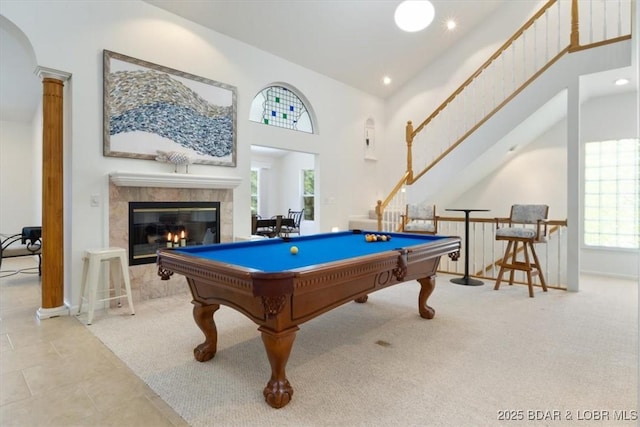 26 Port Bagnell Rd, Eldon, MO 65026 - rec room featuring billiards table, a tile fireplace, carpet floors, a high ceiling, and recessed lighting
