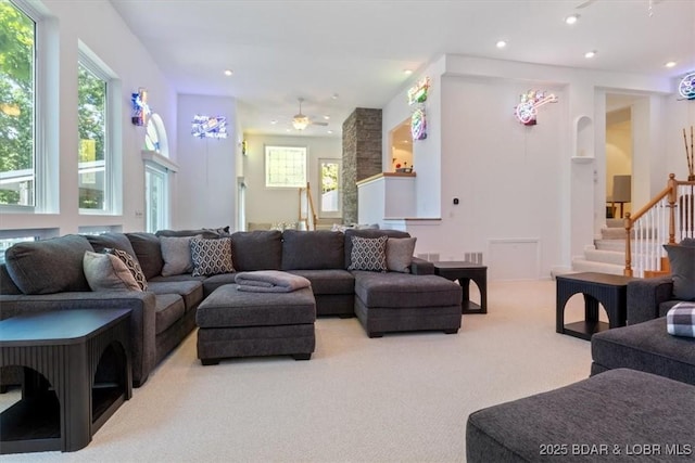 26 Port Bagnell Rd, Eldon, MO 65026 - carpeted living area featuring stairs, recessed lighting, and a ceiling fan