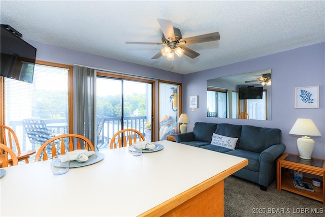1442 Nichols Rd Unit D301, Osage Beach, MO 65065 - dining area featuring a ceiling fan, carpet floors, and a textured ceiling