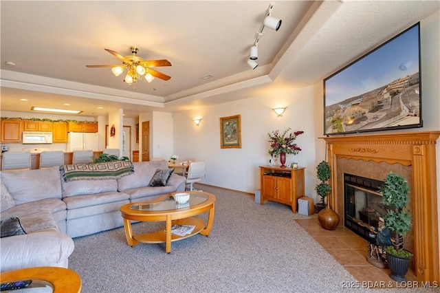 49 Aqua Fin Dr Unit 3B, Lake Ozark, MO 65049 - living room with a ceiling fan, light carpet, a fireplace, and a raised ceiling