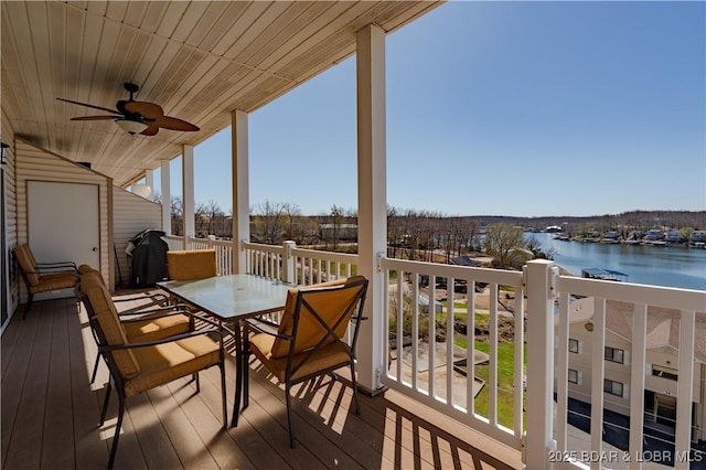 49 Aqua Fin Dr Unit 3B, Lake Ozark, MO 65049 - wooden terrace featuring a water view, a ceiling fan, outdoor dining space, and area for grilling