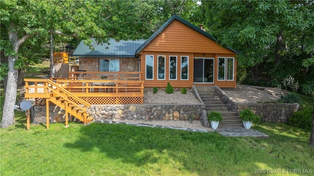 15350 Red Hollow Rd, Gravois Mills, MO 65037 - rear view of property with stairway, a deck, a yard, and stone siding