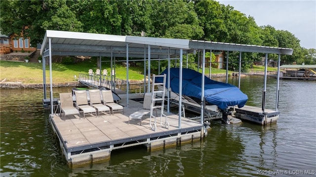 15350 Red Hollow Rd, Gravois Mills, MO 65037 - dock with a water view, boat lift, and a yard