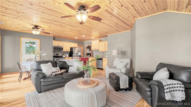 15350 Red Hollow Rd, Gravois Mills, MO 65037 - living area featuring a ceiling fan, wooden ceiling, light wood finished floors, lofted ceiling, and recessed lighting