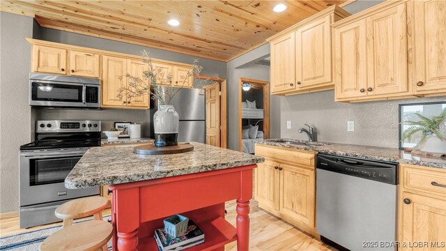 15350 Red Hollow Rd, Gravois Mills, MO 65037 - kitchen with stainless steel appliances, wooden ceiling, light wood-style floors, light brown cabinetry, and light stone counters