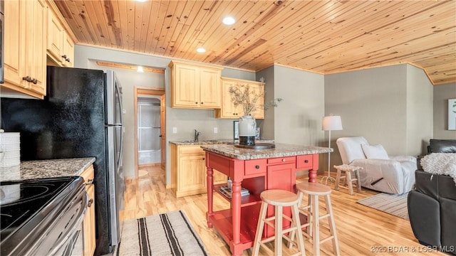 15350 Red Hollow Rd, Gravois Mills, MO 65037 - kitchen featuring open floor plan, wooden ceiling, light wood-style flooring, light brown cabinets, and electric stove