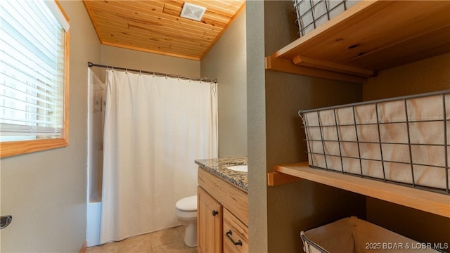 15350 Red Hollow Rd, Gravois Mills, MO 65037 - full bath featuring wooden ceiling, vanity, tile patterned floors, shower / bathtub combination with curtain, and lofted ceiling