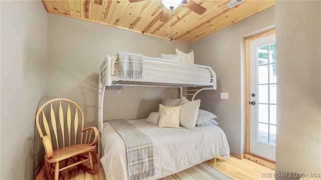 15350 Red Hollow Rd, Gravois Mills, MO 65037 - bedroom with wood ceiling, wood finished floors, and ceiling fan