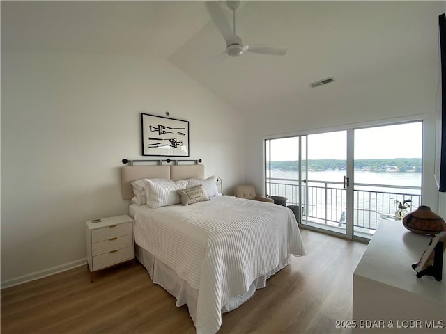 42 Palisades Lakeview Dr Unit 4B, Lake Ozark, MO 65049 - bedroom with access to outside, wood finished floors, a water view, a ceiling fan, and high vaulted ceiling