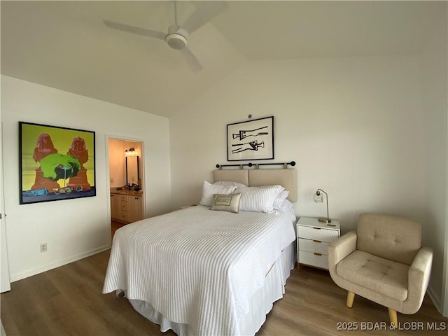 42 Palisades Lakeview Dr Unit 4B, Lake Ozark, MO 65049 - bedroom featuring vaulted ceiling, wood finished floors, ensuite bath, and ceiling fan
