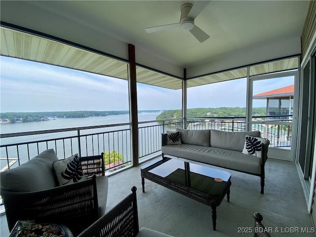 42 Palisades Lakeview Dr Unit 4B, Lake Ozark, MO 65049 - sunroom with an outdoor living space, a ceiling fan, and a water view