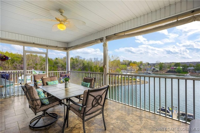 6680 Keystone Dr Unit 241, Osage Beach, MO 65065 - sunroom with ceiling fan, a water view, and outdoor dining space