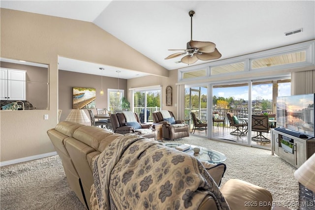 6680 Keystone Dr Unit 241, Osage Beach, MO 65065 - living area featuring carpet, ceiling fan, and high vaulted ceiling