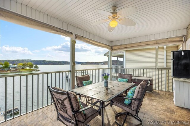 6680 Keystone Dr Unit 241, Osage Beach, MO 65065 - sunroom featuring ceiling fan, a water view, and outdoor dining space