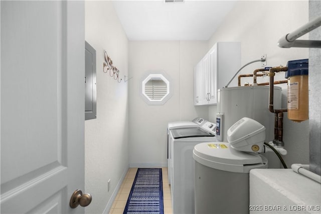 6680 Keystone Dr Unit 241, Osage Beach, MO 65065 - laundry room with independent washer and dryer, cabinet space, electric panel, light tile patterned flooring, and water heater