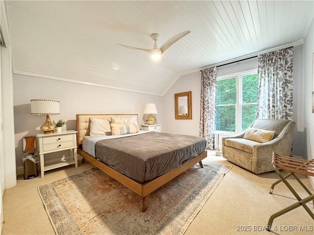 158 Oak Manor Cir, Sunrise Beach, MO 65079 - carpeted bedroom with vaulted ceiling, ceiling fan, and wood ceiling