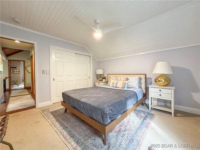 158 Oak Manor Cir, Sunrise Beach, MO 65079 - bedroom with light carpet, lofted ceiling, ornamental molding, a closet, and wooden ceiling