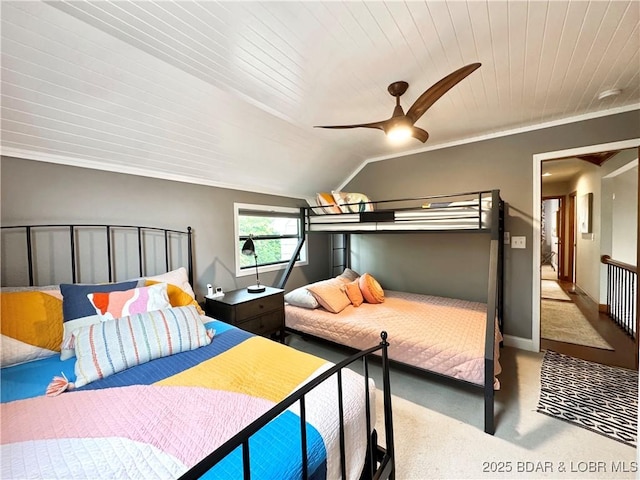 158 Oak Manor Cir, Sunrise Beach, MO 65079 - carpeted bedroom with wooden ceiling, a ceiling fan, ornamental molding, and vaulted ceiling