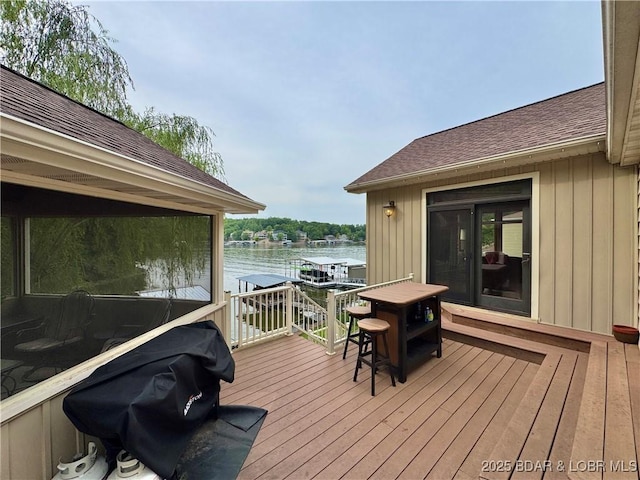 158 Oak Manor Cir, Sunrise Beach, MO 65079 - wooden terrace featuring a water view and grilling area