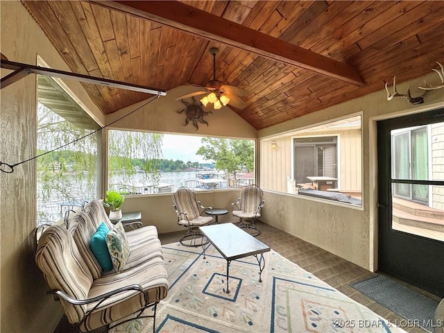 158 Oak Manor Cir, Sunrise Beach, MO 65079 - sunroom / solarium with a ceiling fan, wooden ceiling, plenty of natural light, and a water view
