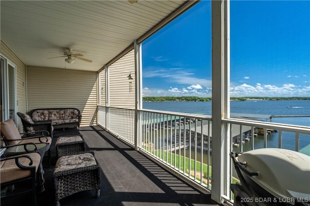 18136 Millstone Cove Rd Unit 136, Gravois Mills, MO 65037 - balcony with ceiling fan, a water view, outdoor lounge area, and grilling area