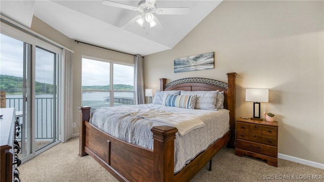 133 Cedar Glen Ct Unit 4B, Camdenton, MO 65020 - bedroom with light colored carpet, access to exterior, a water view, vaulted ceiling, and a ceiling fan