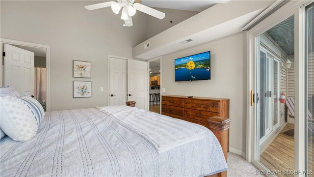 133 Cedar Glen Ct Unit 4B, Camdenton, MO 65020 - bedroom featuring access to exterior, a ceiling fan, and high vaulted ceiling