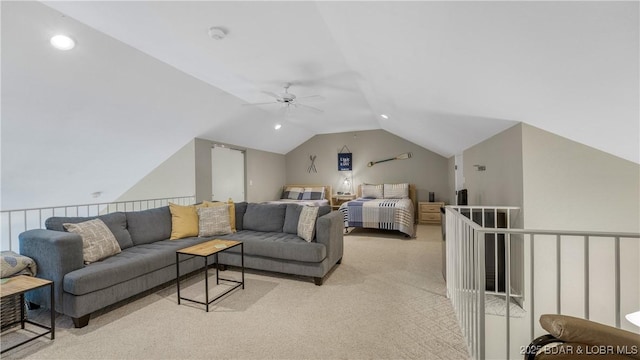 133 Cedar Glen Ct Unit 4B, Camdenton, MO 65020 - living room featuring light colored carpet, lofted ceiling, a ceiling fan, and recessed lighting