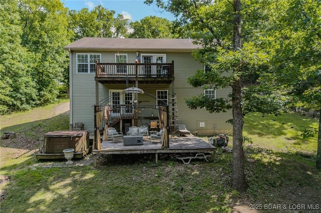 1170 San Jose Dr, Osage Beach, MO 65065 - rear view of house featuring a hot tub, a deck, a lawn, and stairs
