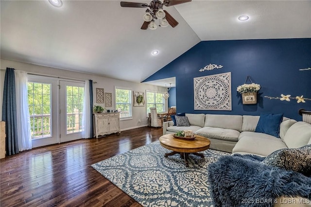 1170 San Jose Dr, Osage Beach, MO 65065 - living area with a ceiling fan, vaulted ceiling, wood finished floors, and recessed lighting
