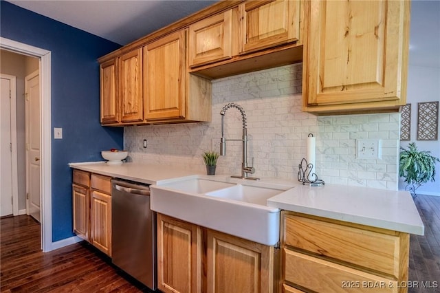 1170 San Jose Dr, Osage Beach, MO 65065 - kitchen with dishwasher, dark wood-type flooring, tasteful backsplash, and light countertops