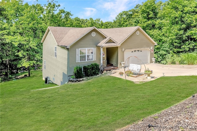 1170 San Jose Dr, Osage Beach, MO 65065 - view of front of property with concrete driveway, a garage, a front yard, and roof with shingles