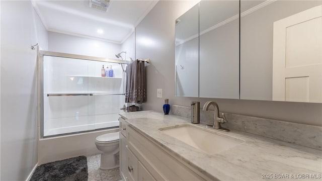 168 Moeller Way, Camdenton, MO 65020 - bathroom featuring combined bath / shower with glass door, vanity, ornamental molding, and tile patterned floors