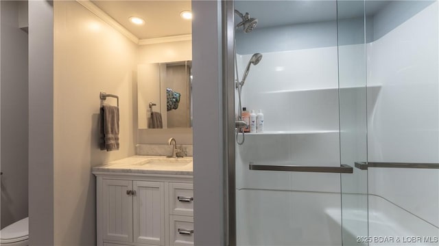 168 Moeller Way, Camdenton, MO 65020 - full bath with a shower with shower door, vanity, and ornamental molding