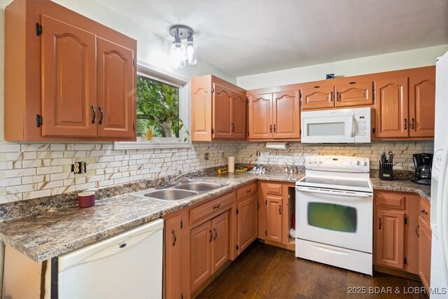 250 De Young Dr, Climax Springs, MO 65324 - kitchen with white appliances, tasteful backsplash, and dark wood-style flooring
