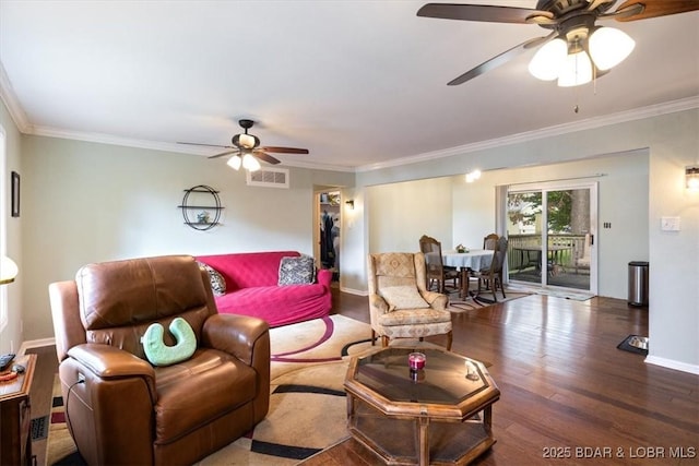 250 De Young Dr, Climax Springs, MO 65324 - living room featuring ceiling fan, wood finished floors, and crown molding