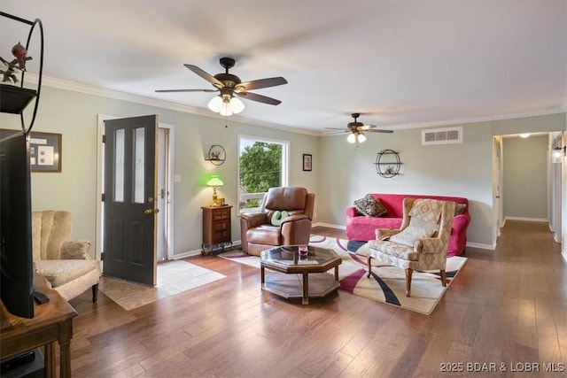 250 De Young Dr, Climax Springs, MO 65324 - living area featuring crown molding, hardwood / wood-style floors, and a ceiling fan