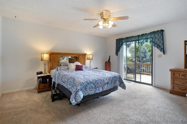 250 De Young Dr, Climax Springs, MO 65324 - bedroom with light carpet, access to outside, a textured ceiling, and ceiling fan