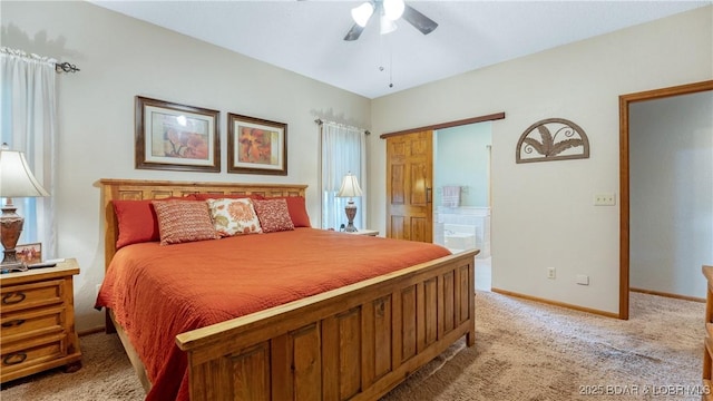 146 Palmer Dr, Lake Ozark, MO 65049 - bedroom with light colored carpet, ensuite bathroom, and a ceiling fan