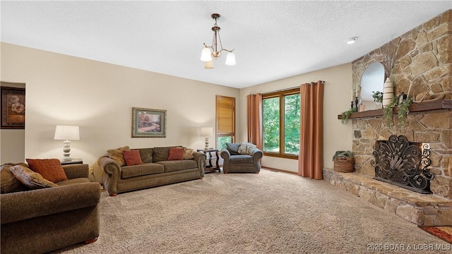 146 Palmer Dr, Lake Ozark, MO 65049 - living area featuring carpet floors, a chandelier, a stone fireplace, and a textured ceiling