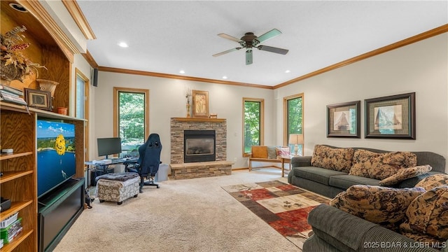 146 Palmer Dr, Lake Ozark, MO 65049 - carpeted living area featuring a stone fireplace, crown molding, healthy amount of natural light, ceiling fan, and an office area