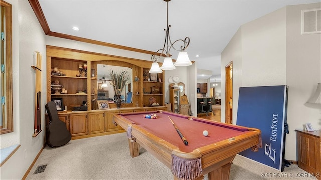 146 Palmer Dr, Lake Ozark, MO 65049 - playroom with light colored carpet, crown molding, billiards, and recessed lighting