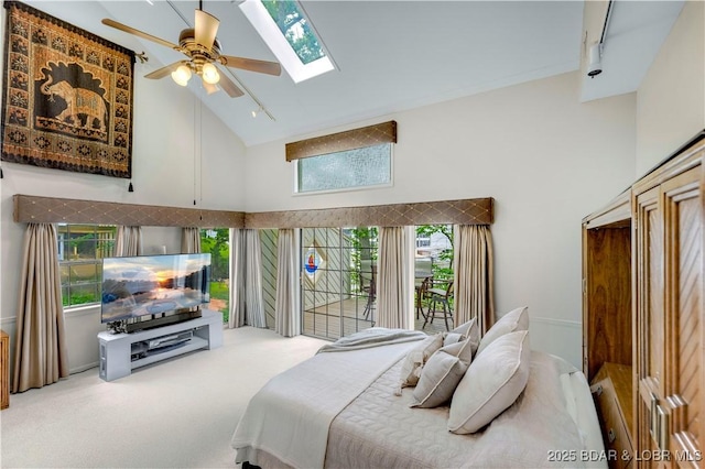1759 Chimney Pt, Sunrise Beach, MO 65079 - carpeted bedroom with high vaulted ceiling, track lighting, a skylight, access to outside, and a ceiling fan