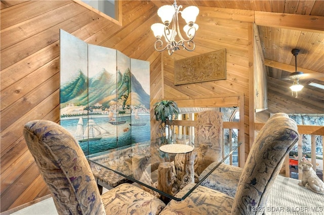 1759 Chimney Pt, Sunrise Beach, MO 65079 - dining space featuring wood walls, wood ceiling, a chandelier, and plenty of natural light